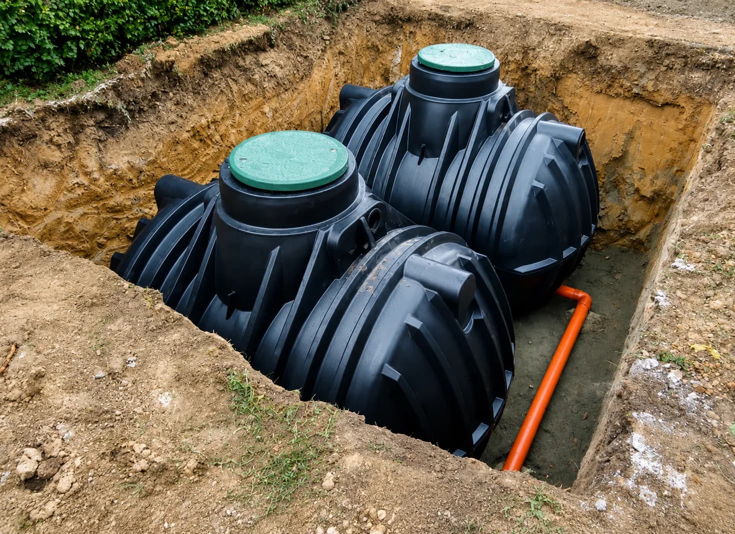 New septic tanks set in the ground before backfilling